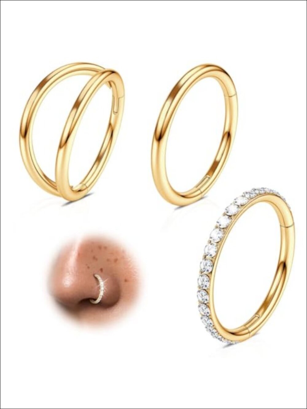 3Pc Nose Hoop Set 316L Surgical Steel Cubic Zirconia Body Piercing Rings 18G